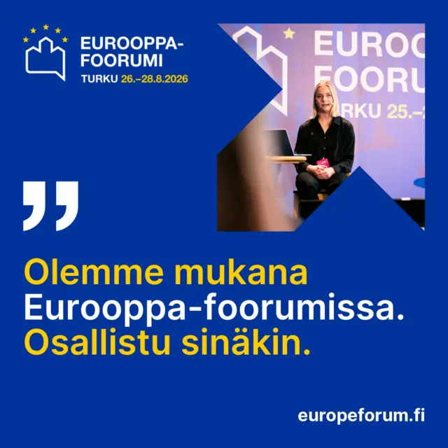 Olemme mukana Eurooppa-foorumissa! 🇪🇺

Tule tapaamaan meitä ständillemme Eurooppa-foorumissa Turun kaupunginteatterilla tällä viikolla ja keskustelemaan nuorten roolista rauhan- ja turvallisuuden kysymyksissä Eurooppalaisessa kontekstissa! Eurooppa-foorumi on Suomen johtava eurooppapoliittinen areena, joka kokoaa päättäjät, asiantuntijat ja kansalaiset pohtimaan Euroopan tulevaisuutta. Jo yhdeksättä kertaa järjestettävä foorumi pureutuu tänä vuonna EU:n menestyksen ytimeen. Vuoden 2026 pääteema on: ”Arvot, innovaatiot ja turvallisuus EU:n menestyksen perustana – Miten varmistamme oikeat prioriteetit seuraavalle budjettikaudelle?” 

Tapahtuma tarjoaa näkymiä siihen, miten Euroopan unioni valmistautuu tulevaan ja millaisia valintoja meidän on tehtävä varmistaaksemme maanosamme kilpailukyvyn ja turvallisuuden. 

Tapahtumapaikkana toimii tänäkin vuonna Turun Kaupunginteatteri. Koko kolmipäiväiseen tapahtumaan voi osallistua myös etänä verkon välityksellä. Tapahtuma on kaikille avoin ja ilmainen, eli ilmoittaudu ja osallistu mukaan Eurooppa-foorumiin 26.–28.8.2026! 💬

Lue lisää 👉 europeforum.fi

#Eurooppafoorumi #Europeforum #Turku
@eurooppafoorumi